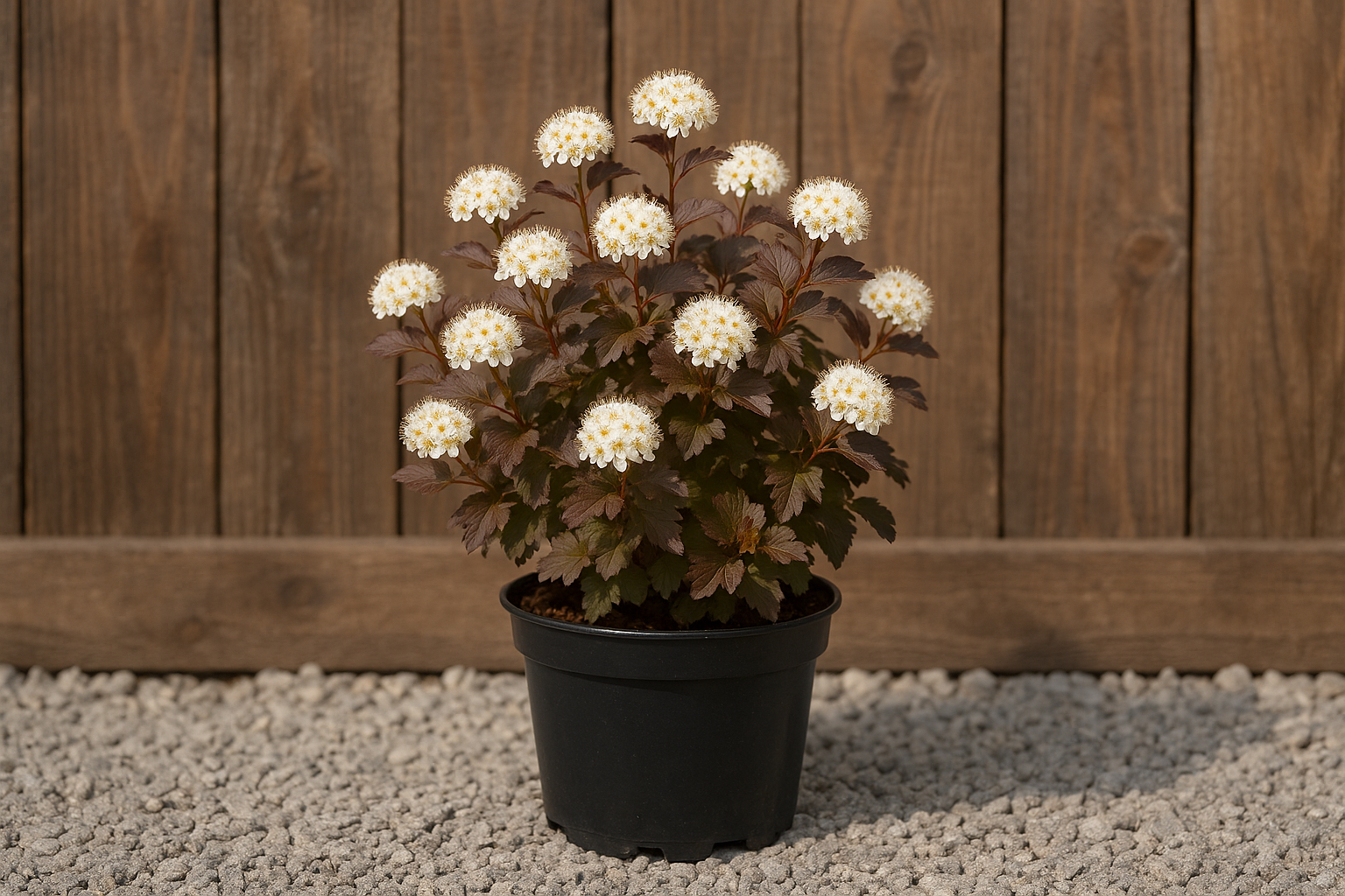 A photorealistic product photo of physocarpus opulifolius 'little angel' 30/40 cm in a black plastic pot, placed on light grey gravel ground, in front of a rustic brown wooden fence. Natural outdoor lighting, high resolution, realistic details, DSLR style photography.